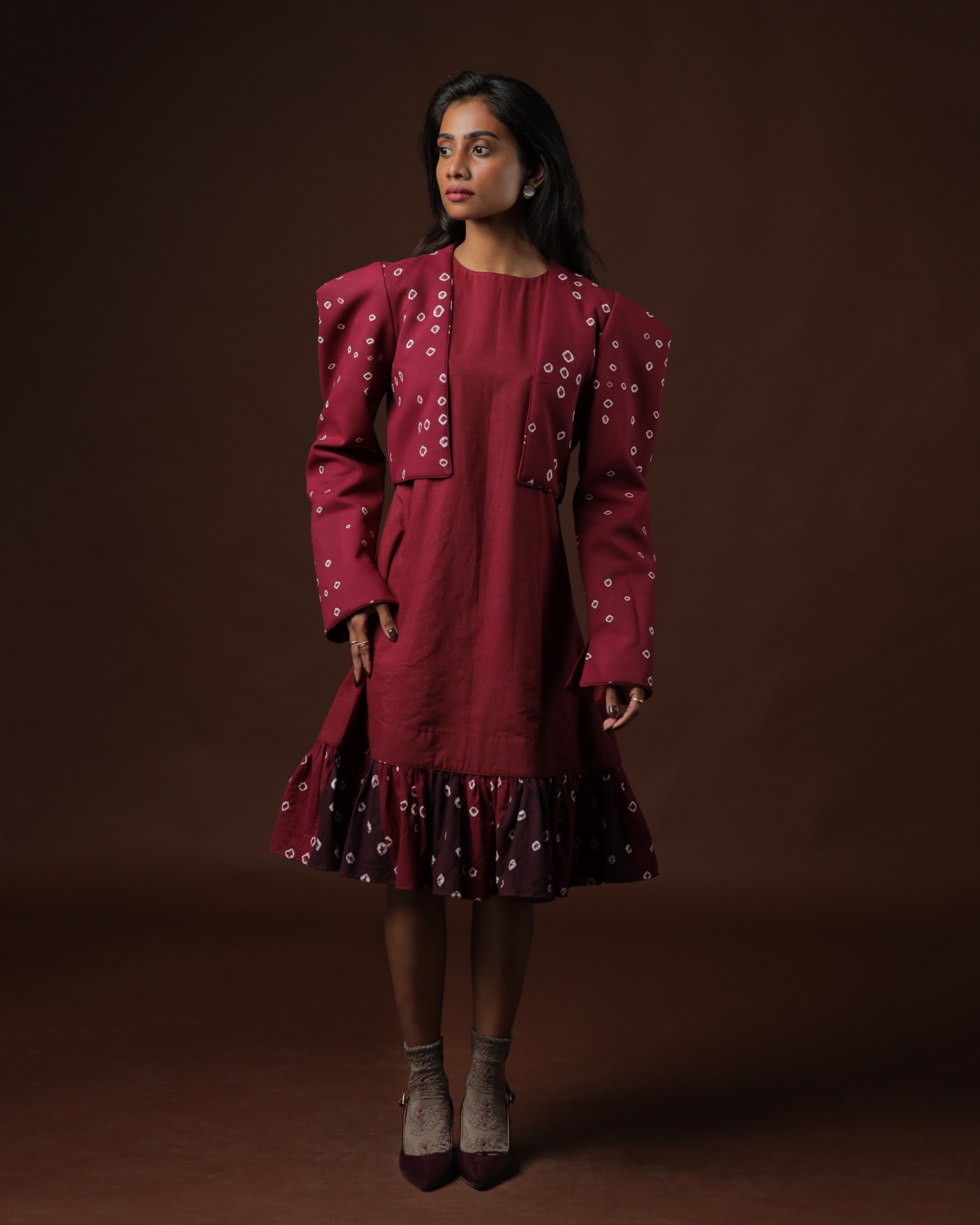 Raga A-Line Ruffle Dress With Wine Sungudi Crop Jacket