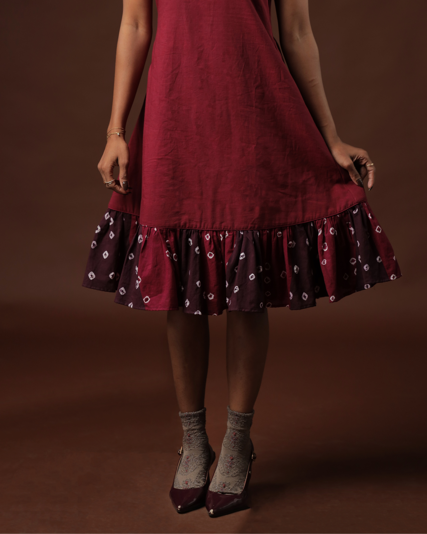 Raga A-Line Ruffle Dress With Wine Sungudi Crop Jacket