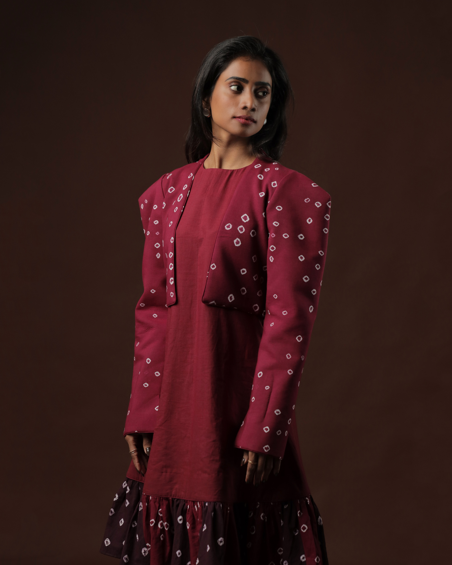 Raga A-Line Ruffle Dress With Wine Sungudi Crop Jacket