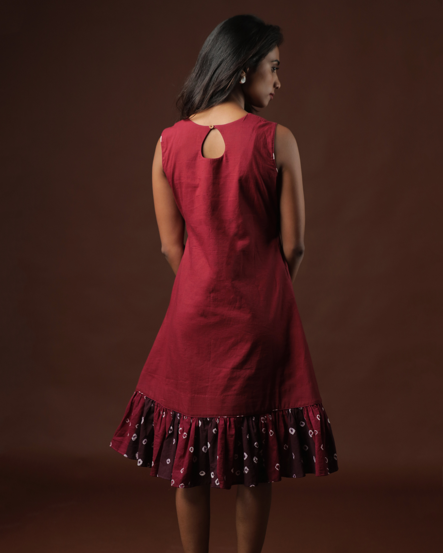 Raga A-Line Ruffle Dress With Wine Sungudi Crop Jacket