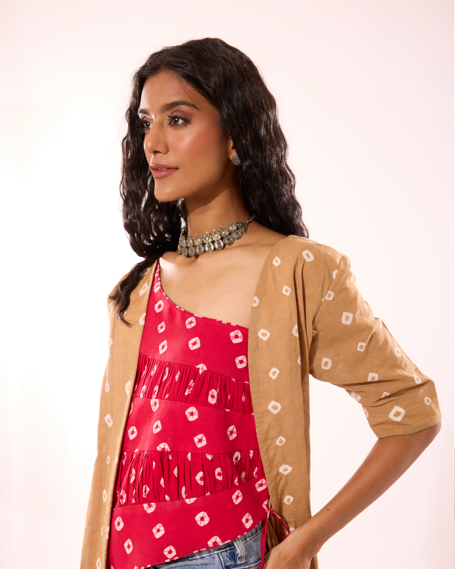 Vanji Sungudi Jacket With Attached One Shoulder Top