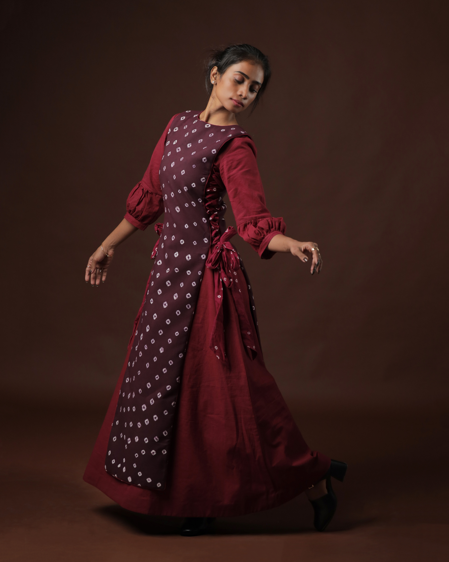 Raga A-line Peasant Dress With Plum Longline Sungudi Panel Vest