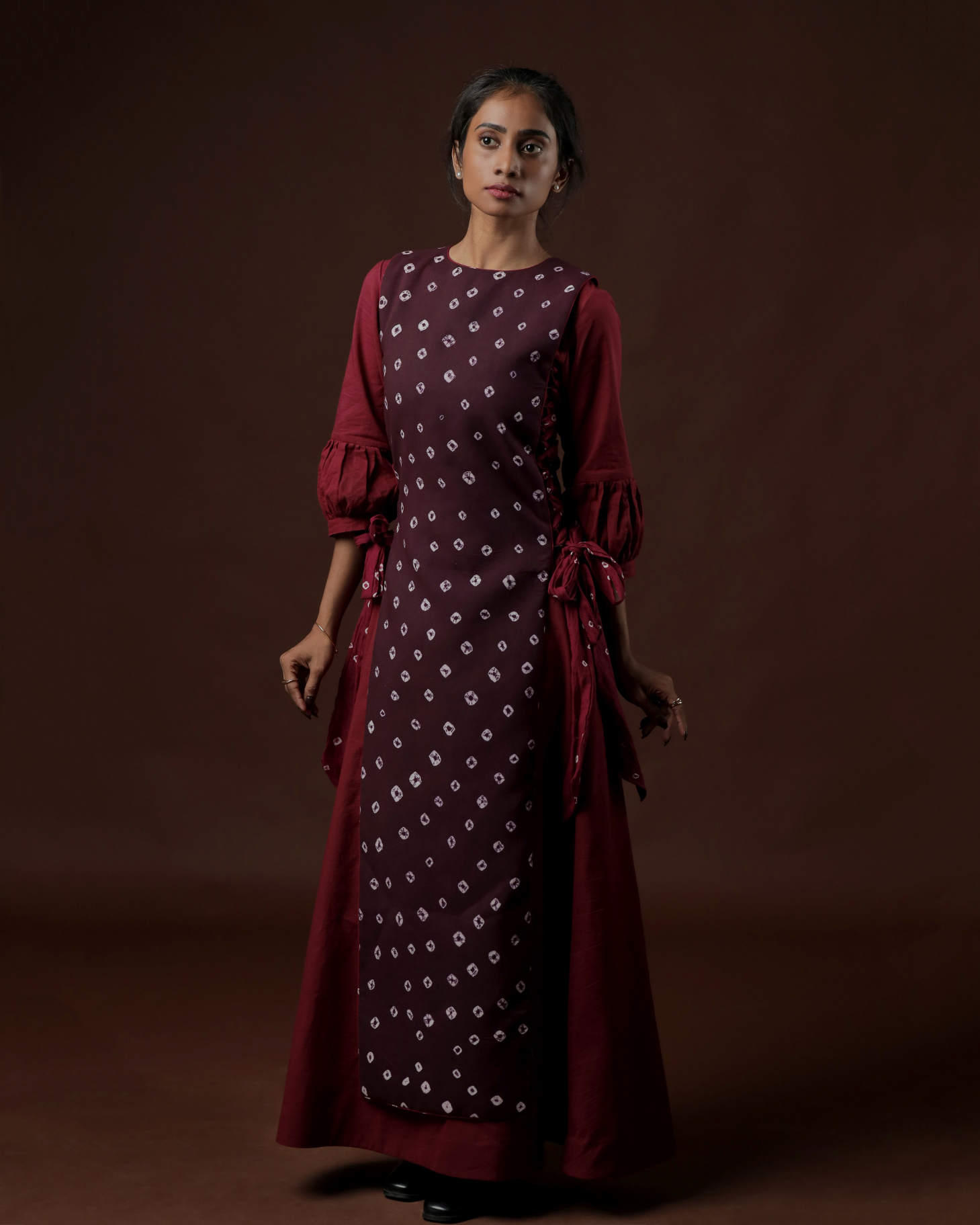 Raga A-line Peasant Dress With Plum Longline Sungudi Panel Vest