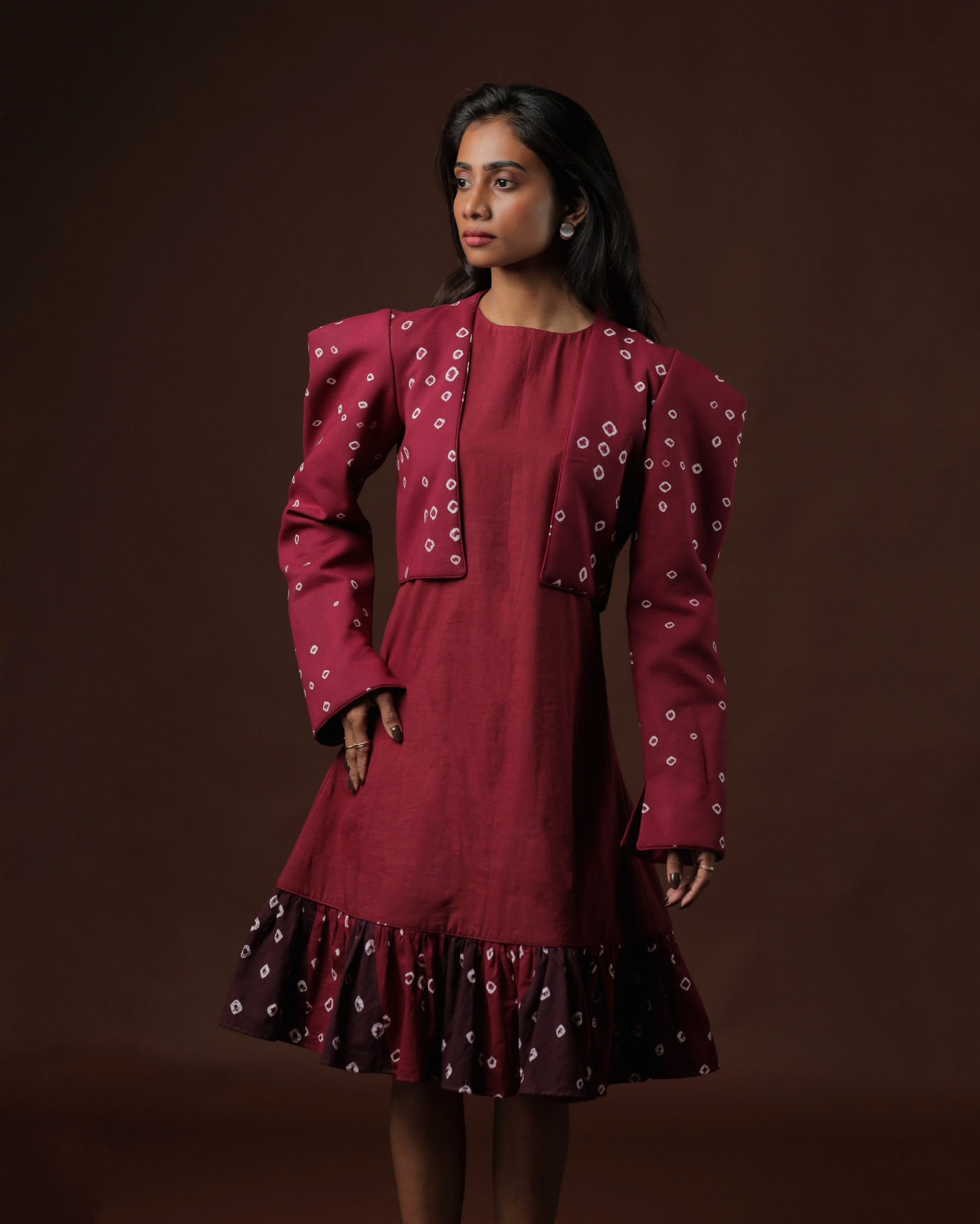 Raga A-Line Ruffle Dress With Wine Sungudi Crop Jacket