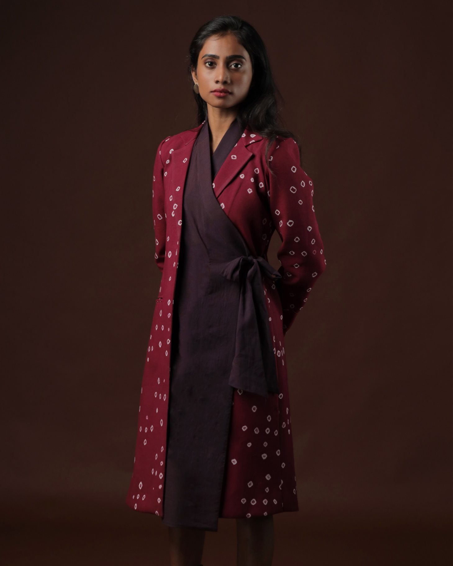 Raga Wrap Dress With Wine Sungudi Trench Coat