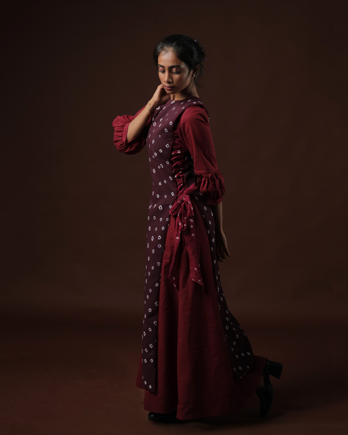 Raga A-line Peasant Dress With Plum Longline Sungudi Panel Vest