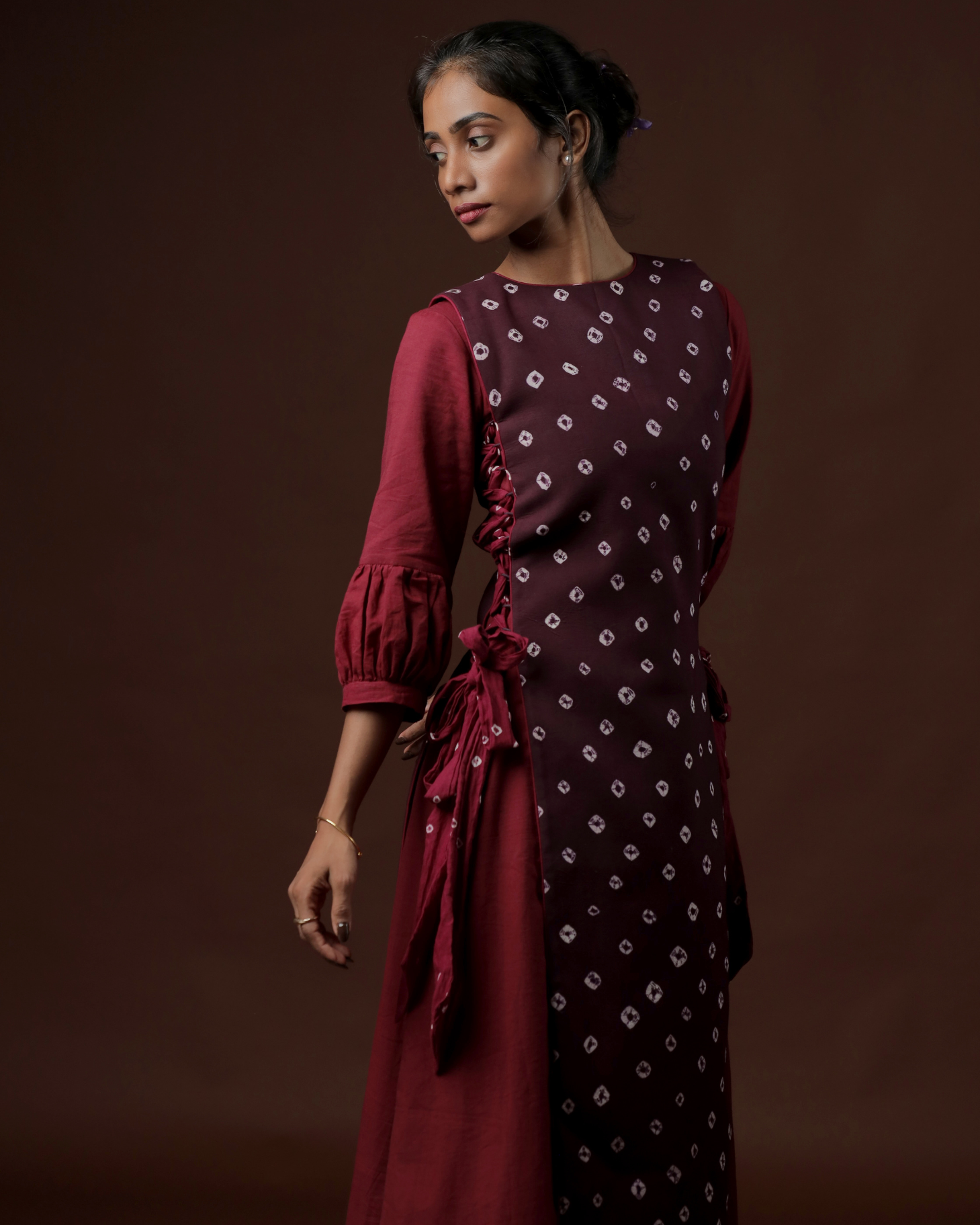 Raga A-line Peasant Dress With Plum Longline Sungudi Panel Vest