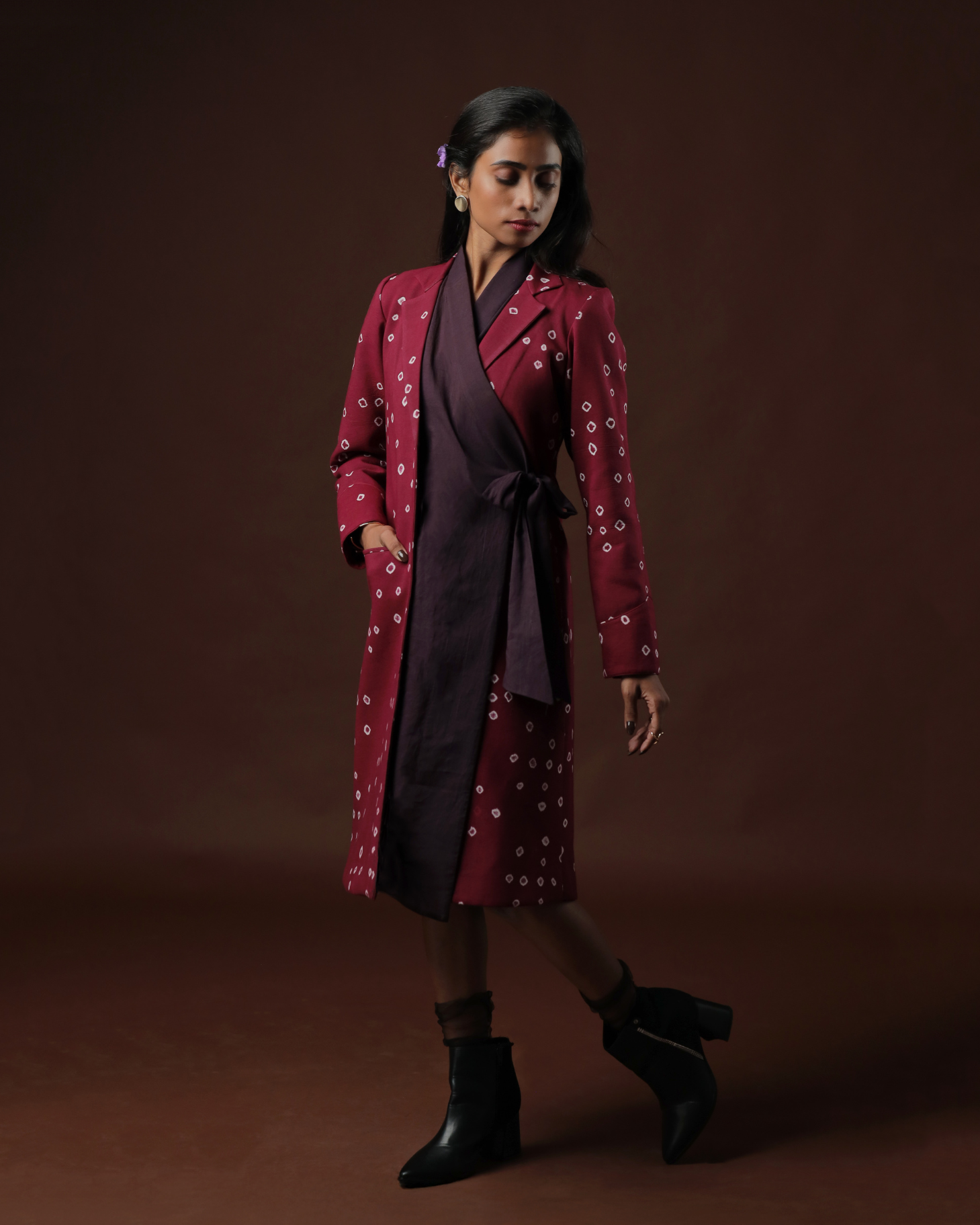 Raga Wrap Dress With Wine Sungudi Trench Coat