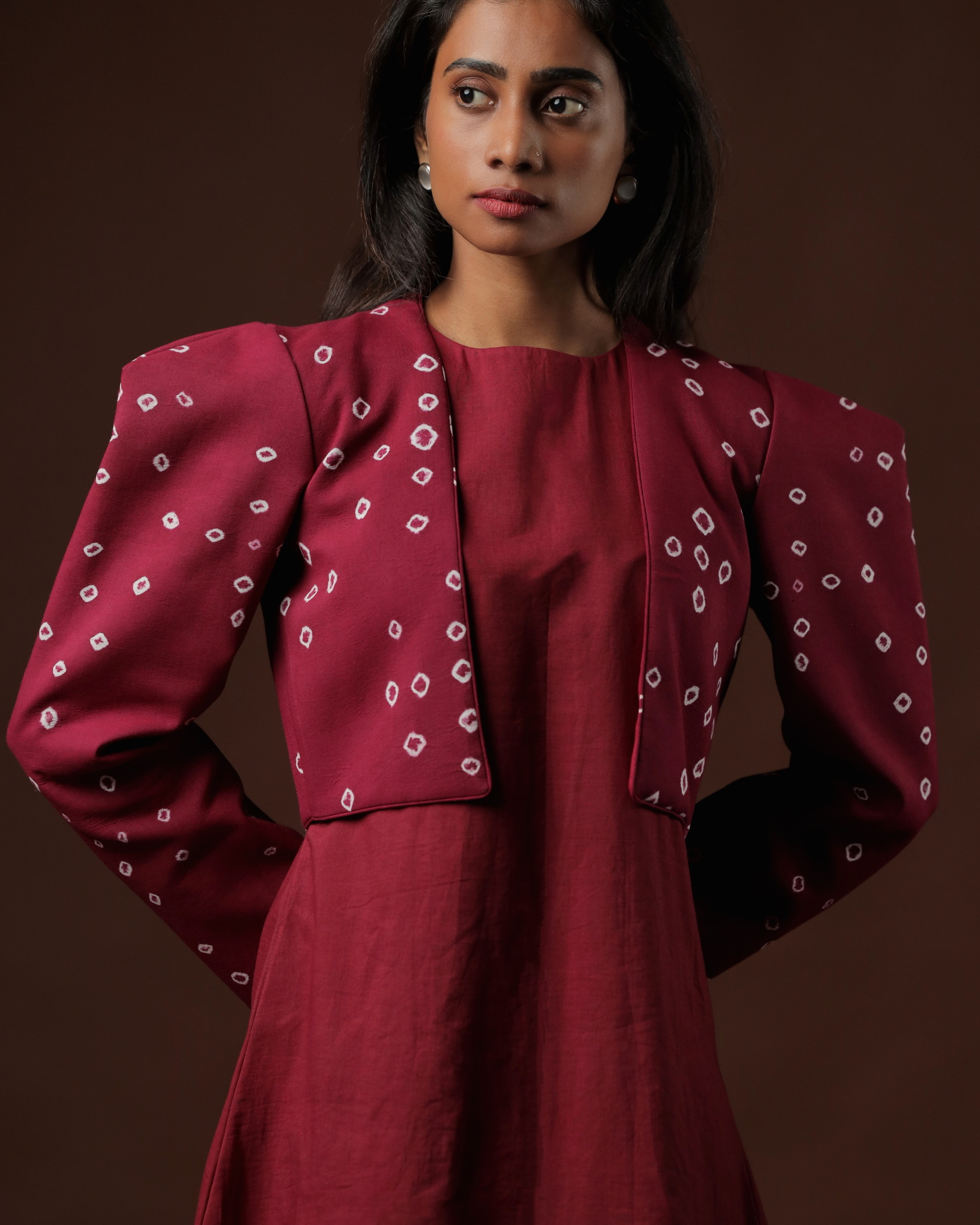 Raga A-Line Ruffle Dress With Wine Sungudi Crop Jacket