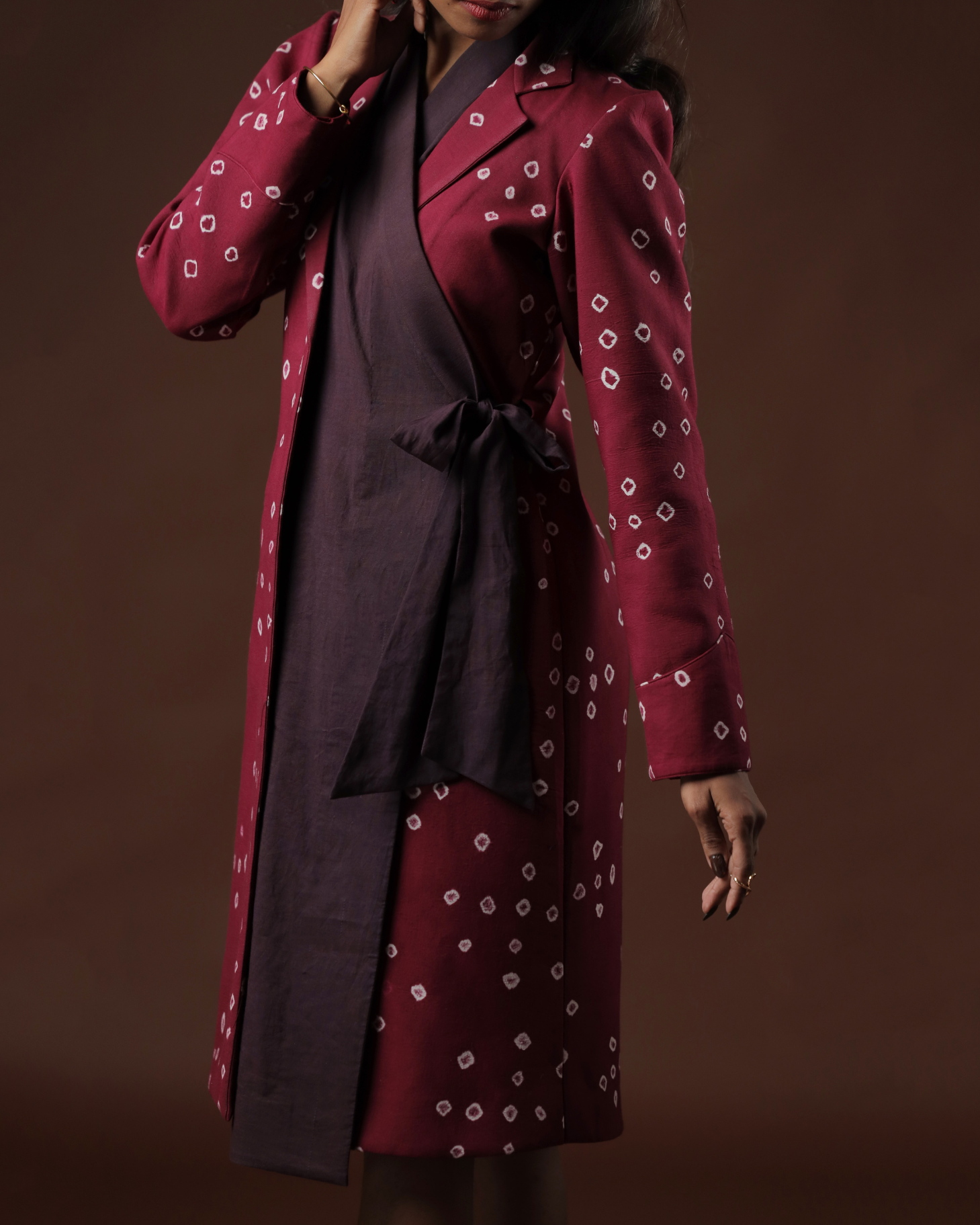 Raga Wrap Dress With Wine Sungudi Trench Coat
