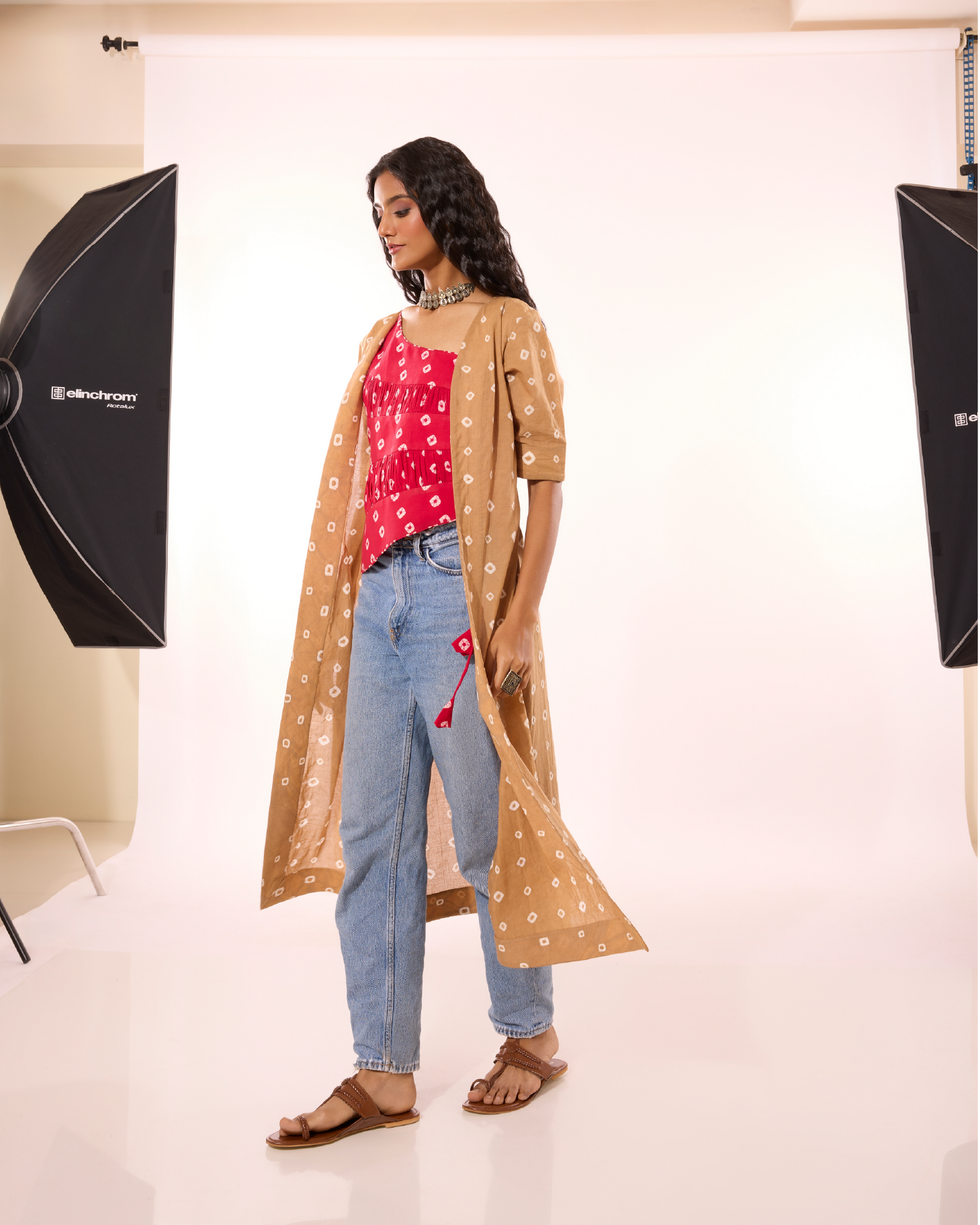 Vanji Sungudi Jacket With Attached One Shoulder Top