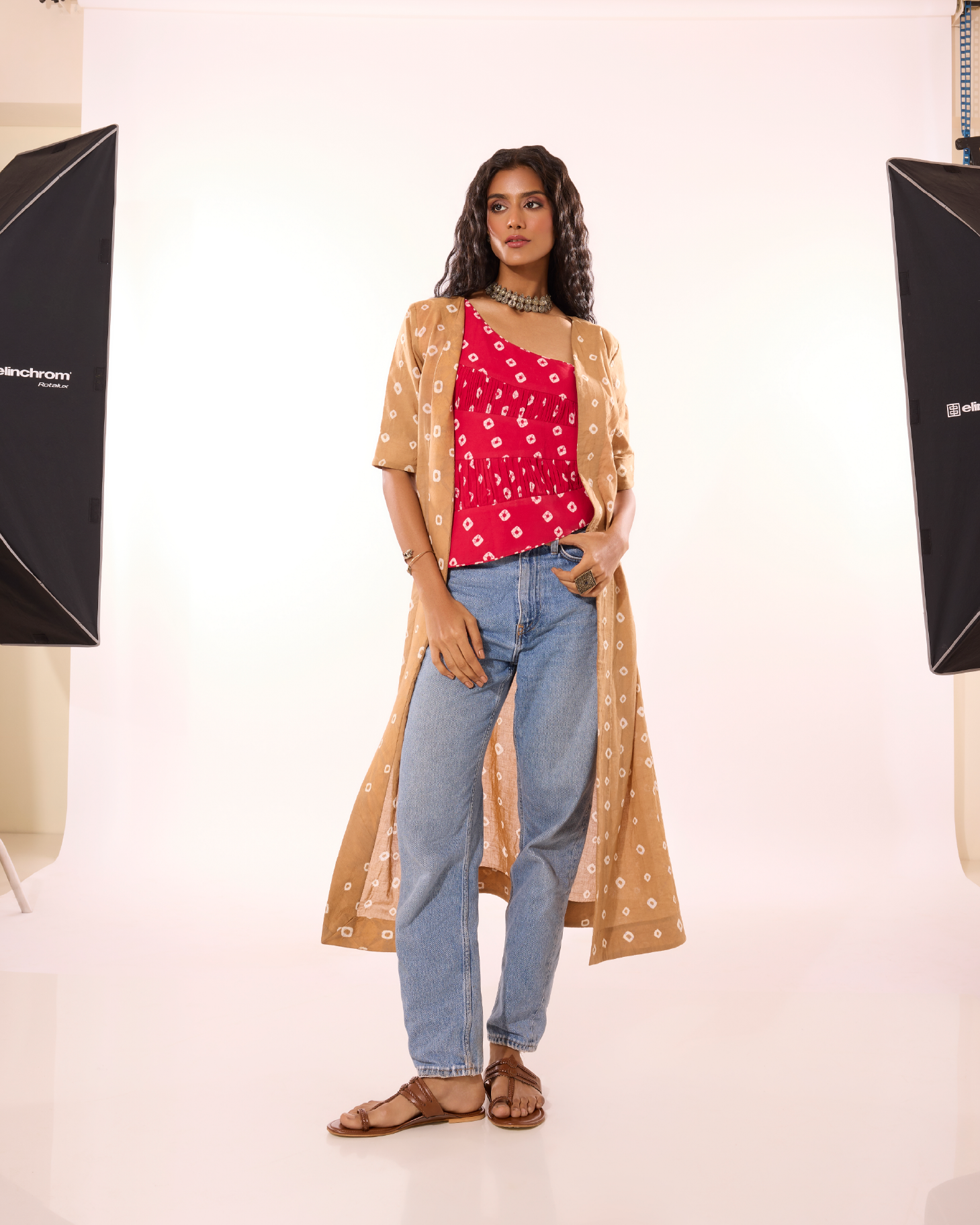Vanji Sungudi Jacket With Attached One Shoulder Top